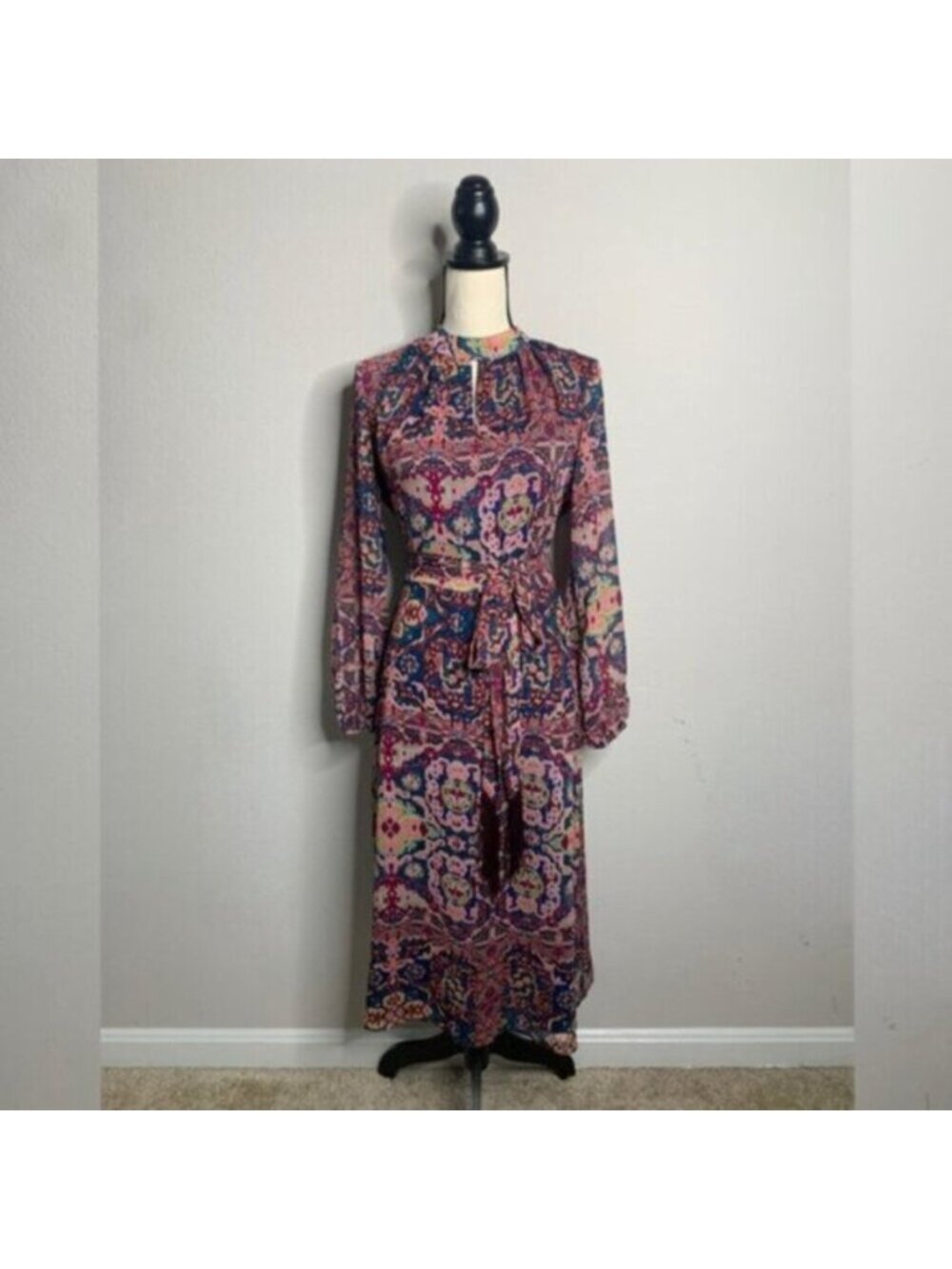 NWT Tahari ASL Tapestry Print Chiffon Long Sleeve Midi Dress - Picture 5 of 17